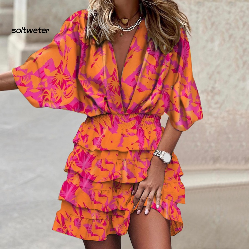 Đầm Cánh Dơi Cổ Chữ V In Họa Tiết Hoa Nhiều Màu Độc Đáo Thời Trang Mùa Hè Quyến Rũ Cho Nữ