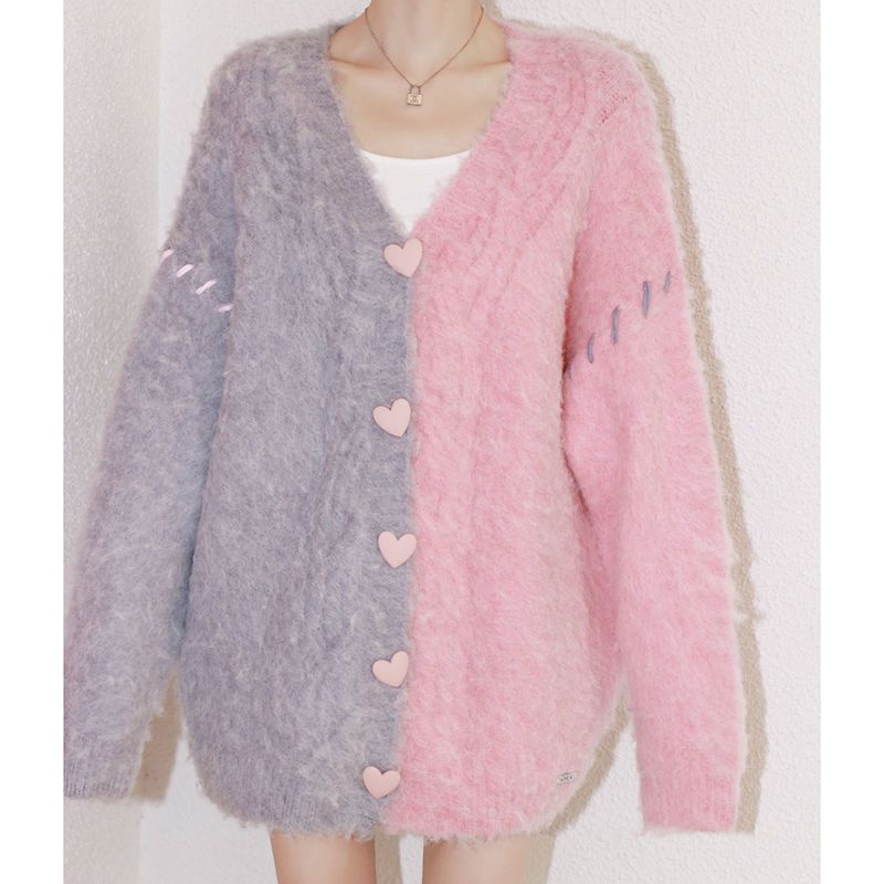 Áo Khoác Cardigan Dệt Kim Dáng Rộng Cài Khuy Hình Trái Tim Màu Sắc Xinh Xắn Cho Nữ