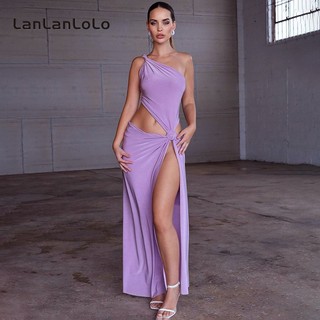 LanLanLo Nữ Màu Trơn Một Vai Không Tay Dây Thắt Nách Đầm Dự Tiệc Gợi Cảm