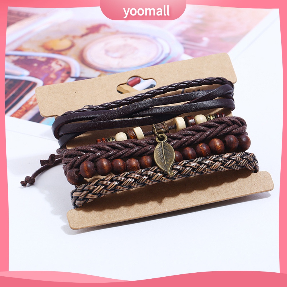 Bộ 4 Vòng Tay Giả Da Nhiều Lớp Họa Tiết Chiếc Lá Thời Trang Cho Nam