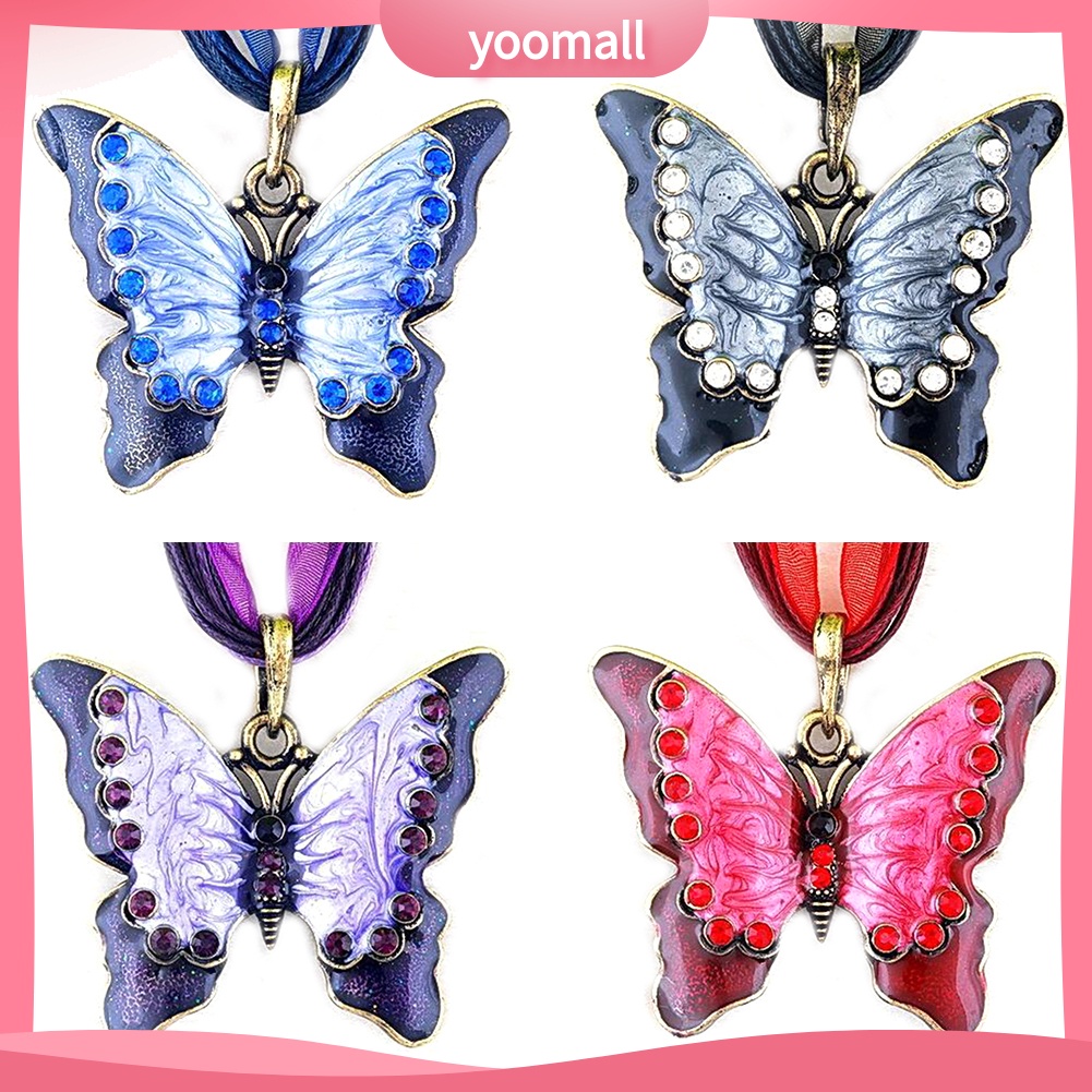 Vòng cổ Mặt Hình Bướm Tráng Men Đính Đá Phong Cách Vintage