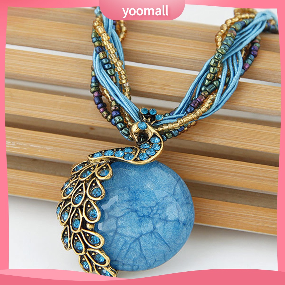 Vòng cổ Mặt Tròn Hình Chim Công Đính Đá Opal Nhân Tạo Phong Cách Bohemian