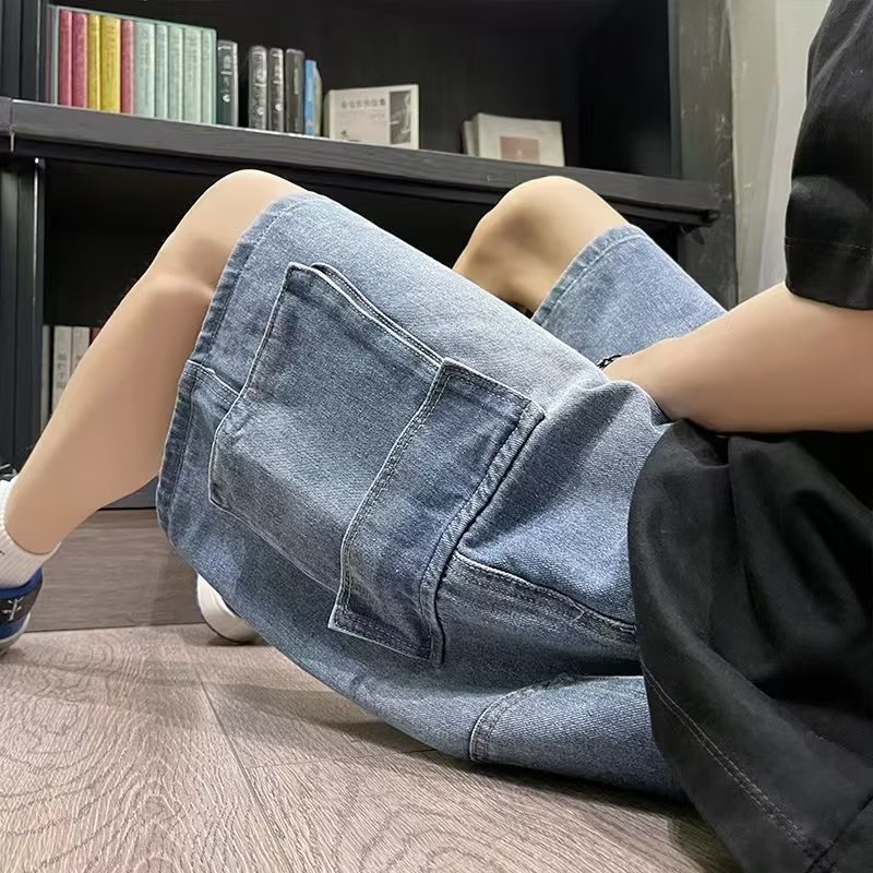 Quần Short Denim Ống Rộng Phối Nhiều Túi Phong Cách Hong Kong Thời Trang Mùa Hè Cho Nam