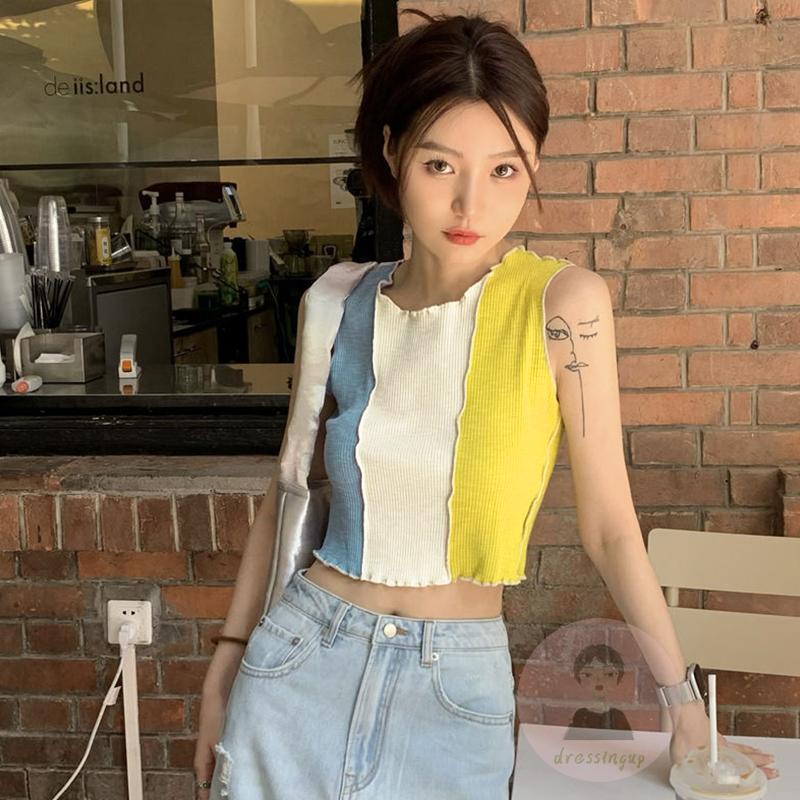 Áo Tank Top Không Tay Cổ Tròn Màu Sắc Tương Phản Thời Trang Cho Nữ