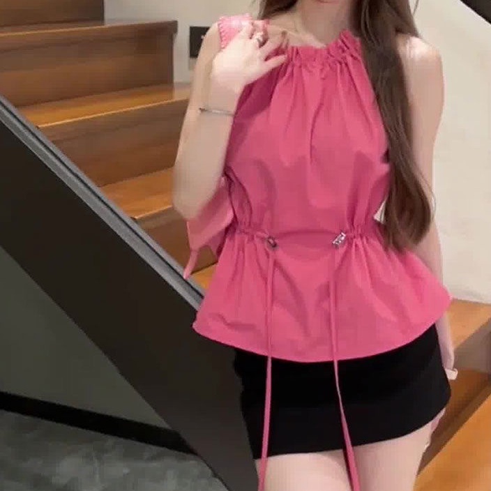 Áo Ngắn Hai Dây Không Tay Thiết Kế Dây Rút Phong Cách Mới Mùa Hè Quyến Rũ Cho Nữ