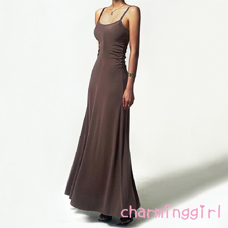 Đầm Maxi Hai Dây Dáng Dài Hở Lưng Màu Trơn Thời Trang Mùa Hè Cho Nữ