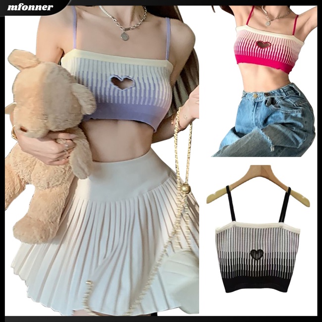 Áo Croptop Dệt Kim Hai Dây Ôm Dáng Màu Sắc Tương Phản Quyến Rũ Cho Nữ