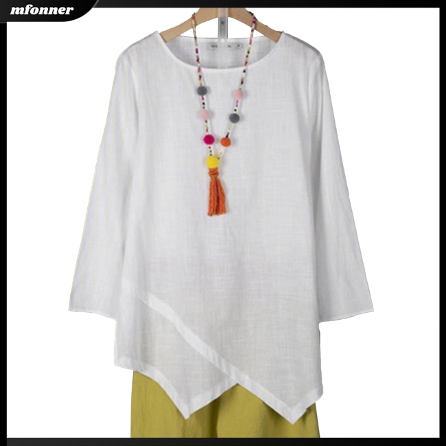 Áo Thun Cotton Lanh Tay Dài Cổ Tròn Màu Sắc Đơn Giản Thanh Lịch Dành Cho Nữ