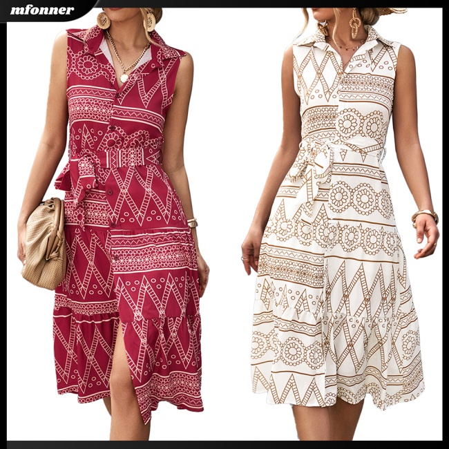 Đầm Dài Dáng Chữ A Sát Nách Cổ Bẻ Thoáng Khí In Họa Tiết Cổ Điển Thời Trang Mùa Hè Cho Nữ