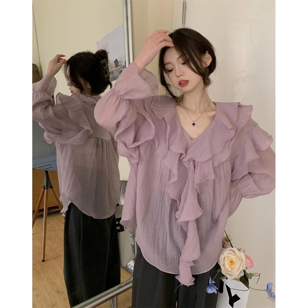 Áo Sơ Mi Chiffon Tay Dài Cổ Chữ v Phối Bèo Màu Tím Thời Trang Mùa Hè Cho Nữ L4EN