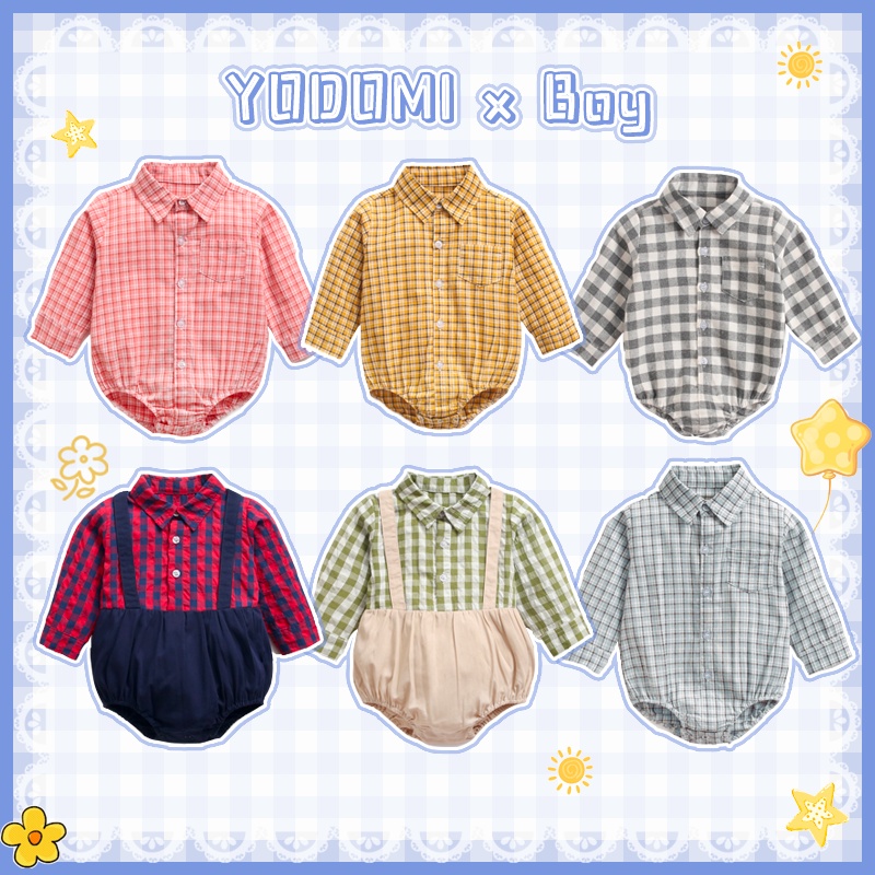 Áo Liền Quần Sơ Mi Tay Dài Họa Tiết Kẻ Ô Dành Cho Bé Trai Sơ Sinh 0403