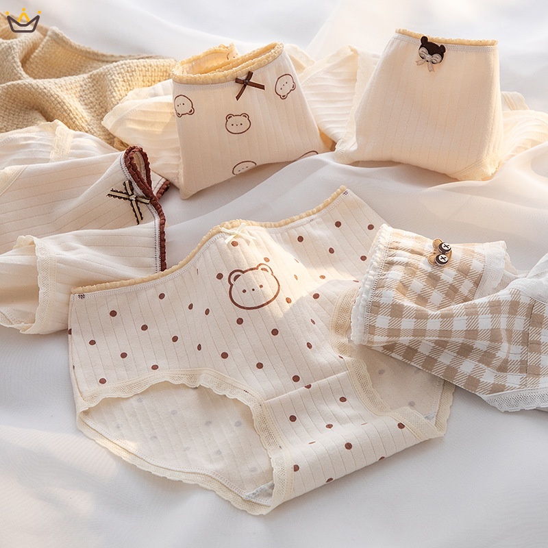 Quần Lót Cotton Lưng Vừa Thoải Mái Màu Trơn Họa Tiết Gấu Dễ Thương Cho Nữ