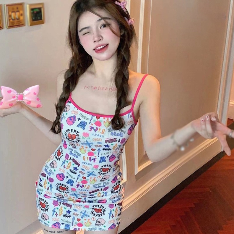 Đầm In Họa Tiết Graffiti Ngọt Ngào Thời Trang Mùa Hè Phong Cách Hàn Quốc Cho Nữ