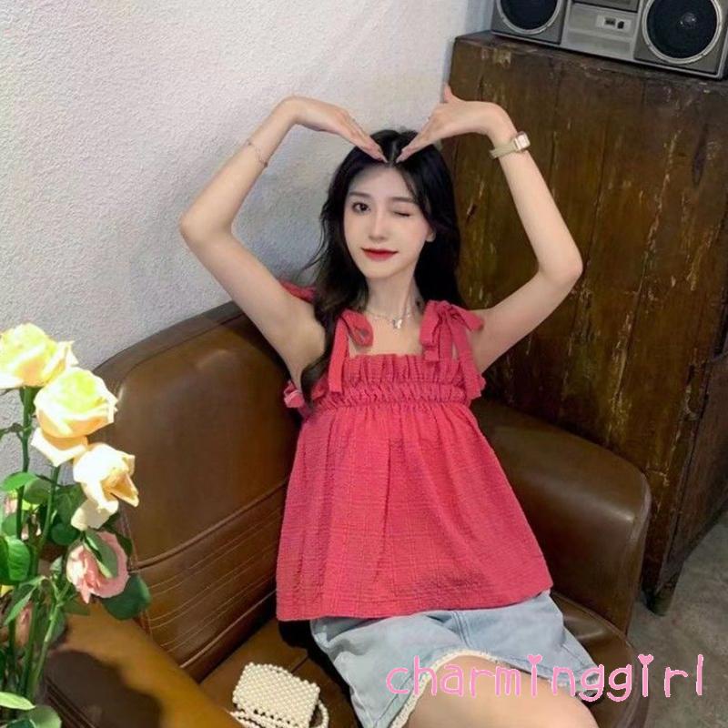 Áo Kiểu Babydoll Hai Dây Không Tay Màu Trơn Dáng Rộng Dành Cho Nữ