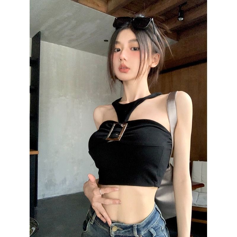 Áo Ống Ngắn Sát Nách Cổ Yếm Màu Trơn Ngọt Ngào Cho Nữ