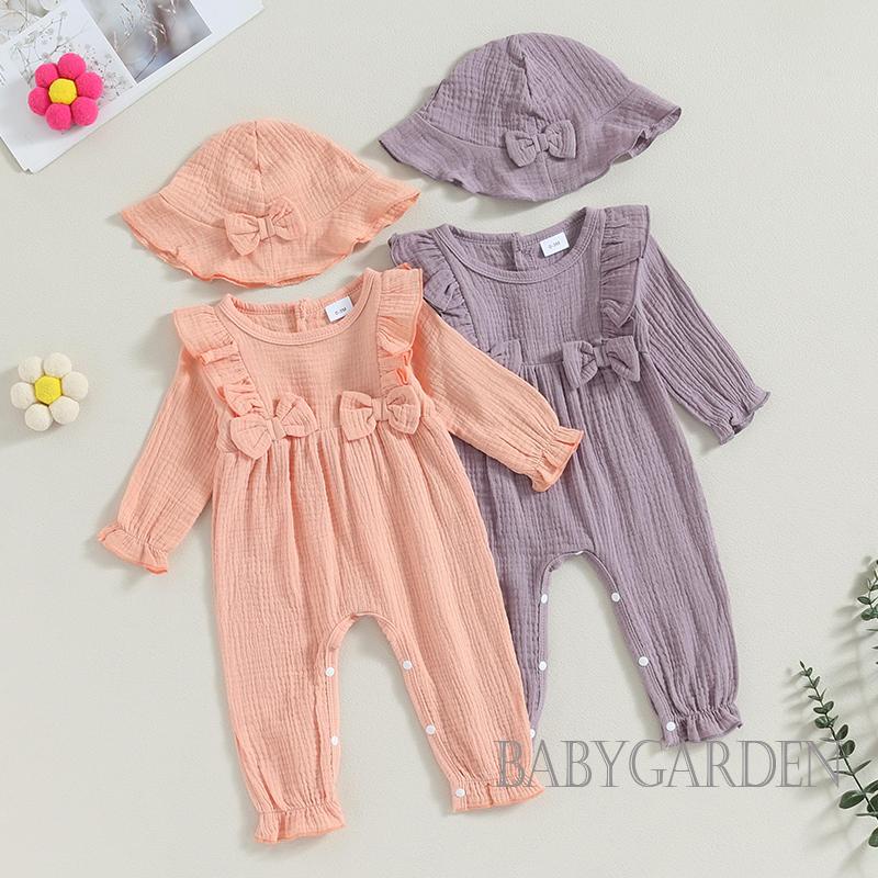 Áo Liền Quần Tay Dài Cổ Thuyền Đính Nơ Màu Sắc Trơn Dành Cho Bé Gái 0-18 Tháng Tuổi