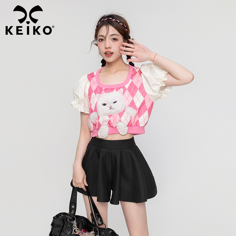 Áo Croptop Cổ Chữ U Tay Phồng In Họa Tiết Hình Thoi Thời Trang Mùa Hè 2023 Cho Nữ