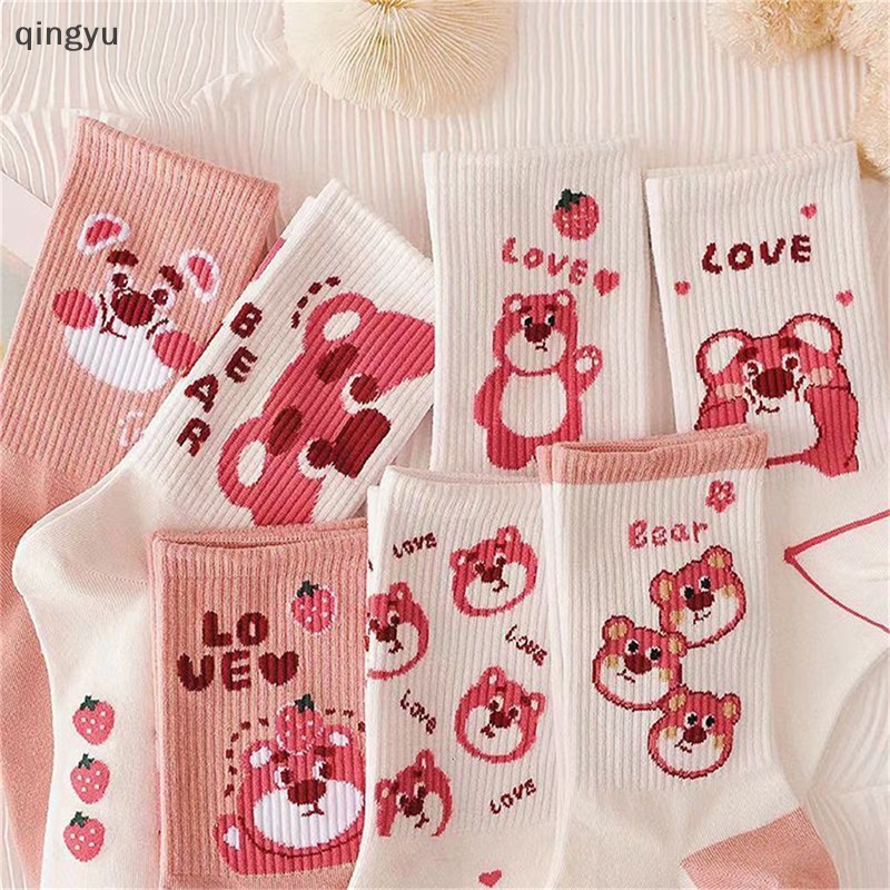 Mới Vớ Cổ Trung Họa Tiết Gấu Và Dâu Tây Hoạt Hình Phong Cách Hàn Quốc Dễ Thương Dành Cho