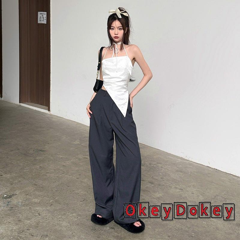 Áo Tank Top Hai Dây Màu Trơn Không Đối Xứng Cho Nữ