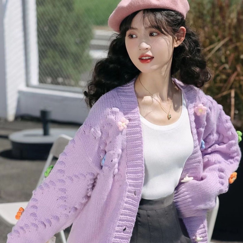 Áo Khoác Cardigan Dệt Kim Dáng Rộng Họa Tiết Hoa Xinh Xắn Cho Nữ