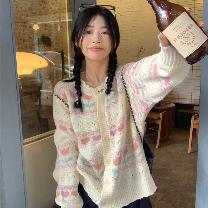 Áo Cardigan Dệt Kim Dáng Rộng Họa Tiết Hoa Tulip Thời Trang Xuân Hè Phong Cách Nhật Bản Cho Nữ