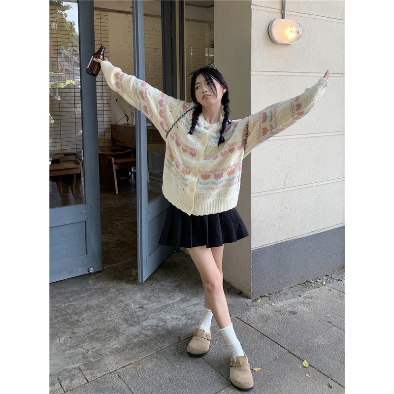 Áo Cardigan Dệt Kim Dáng Rộng Họa Tiết Hoa Tulip Thời Trang Xuân Hè Phong Cách Nhật Bản Cho Nữ