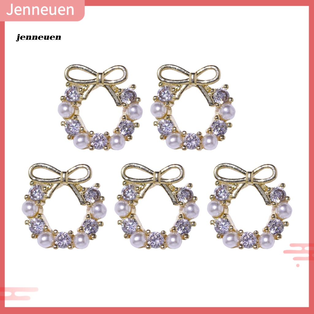 Set 5 Phụ Kiện Trang Trí Móng Tay Hình Vòng Hoa Đính Ngọc Trai / Nơ Xinh Xắn