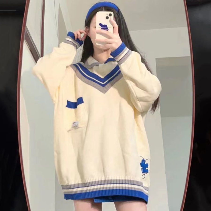 Bộ Áo Sweater Giả Hai Mảnh Màu Xanh Dương Phong Cách Mới 2023