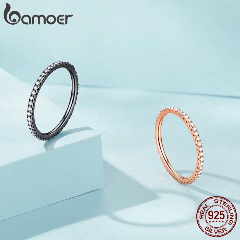 Bamoer Nhẫn Bạc 925 Đính Đá Zircon Đen Đơn Giản SCR066