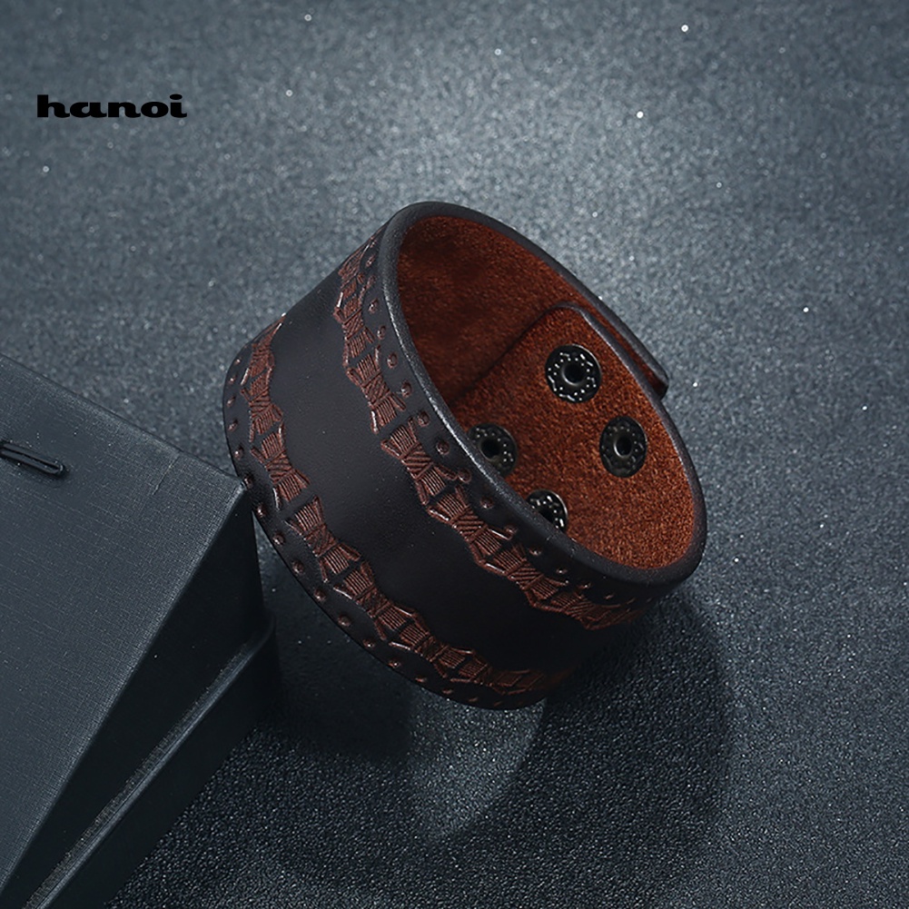 Vòng Tay Giả Da Bản Rộng Đính Nút Dập Nổi Vintage Cho Nam