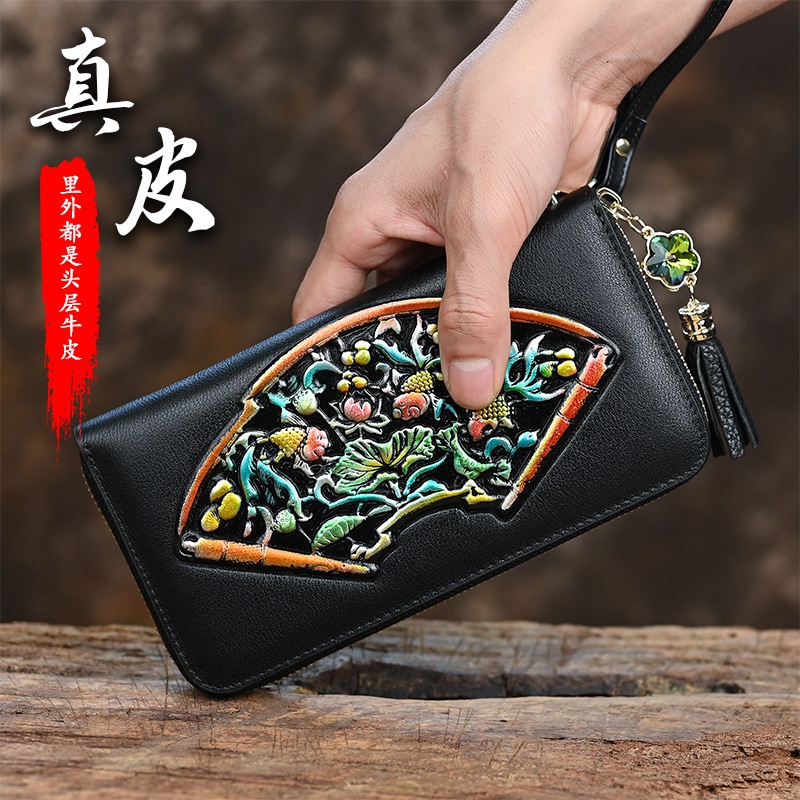 Ví Da Bò Dáng Dài Dập Nổi Nhiều Ngăn Đựng Thẻ Có Khóa Kéo Kiểu Retro Thời Trang Cho Nữ