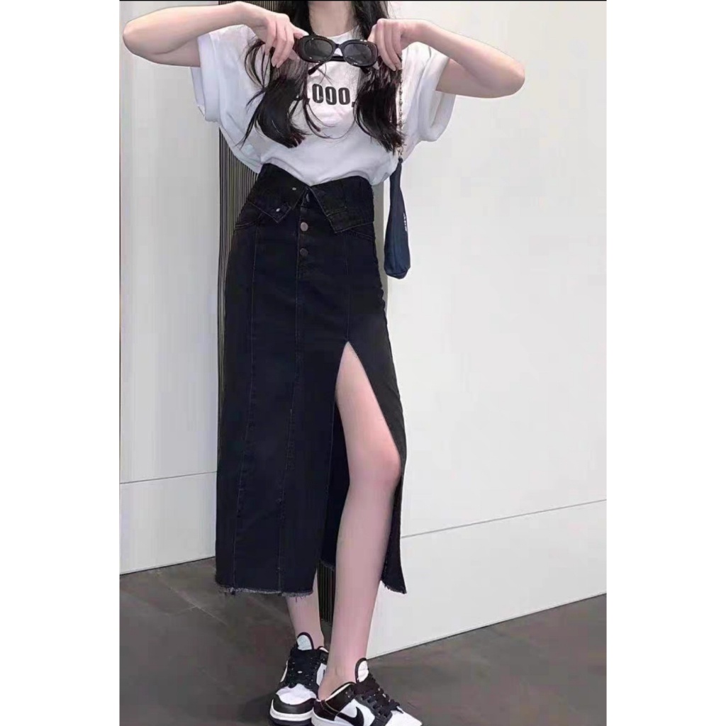 Chân váy jean dài midi phong cách, chân váy dài tua gấu cạp cao tôn dáng C36