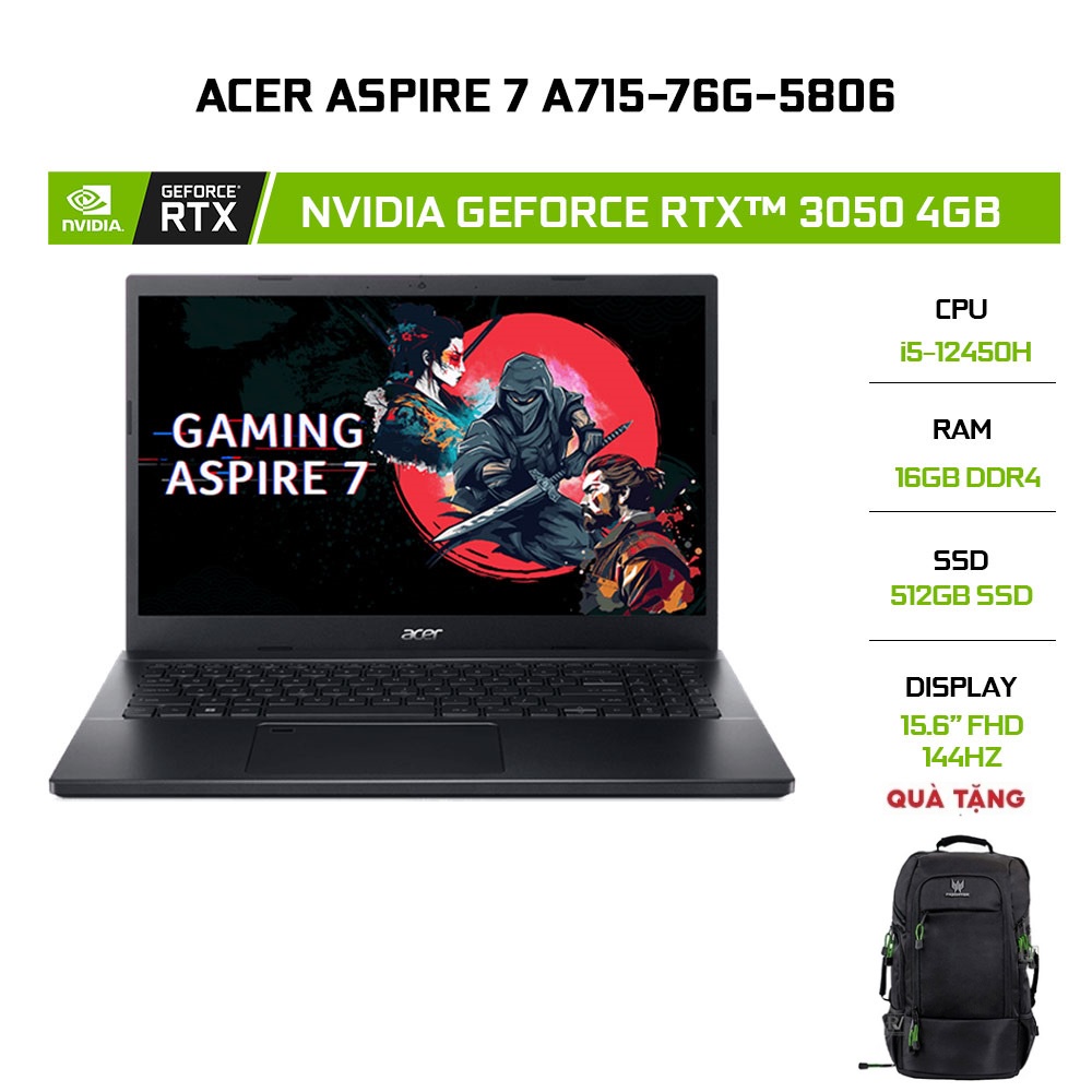 Laptop Acer Aspire 7 A715-76G-5806 i5-12450H|16GB|512GB|RTX™ 3050 4GB|15.6'