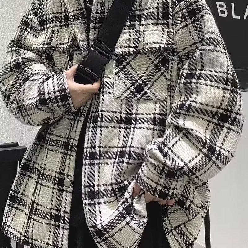 Áo Khoác Sơ Mi Da Pu Tay Dài Kẻ Sọc Caro Trắng Đen Phong Cách Hong Kong Thời Trang Mùa Thu Cho Nam