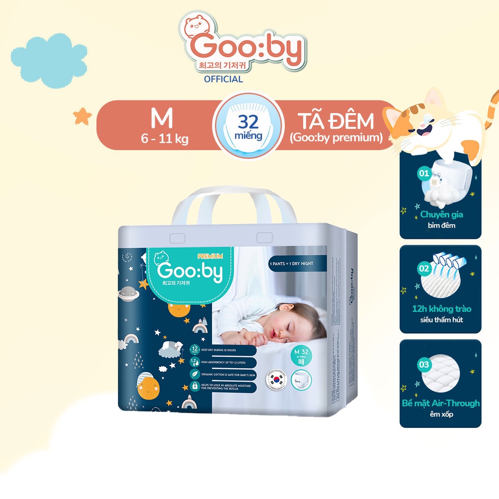 Tã/bỉm quần Gooby Premium - Chuyên gia bỉm đêm, chống trào đến 12h size M/L/XL/XXL cho bé từ 6kg - 24kg