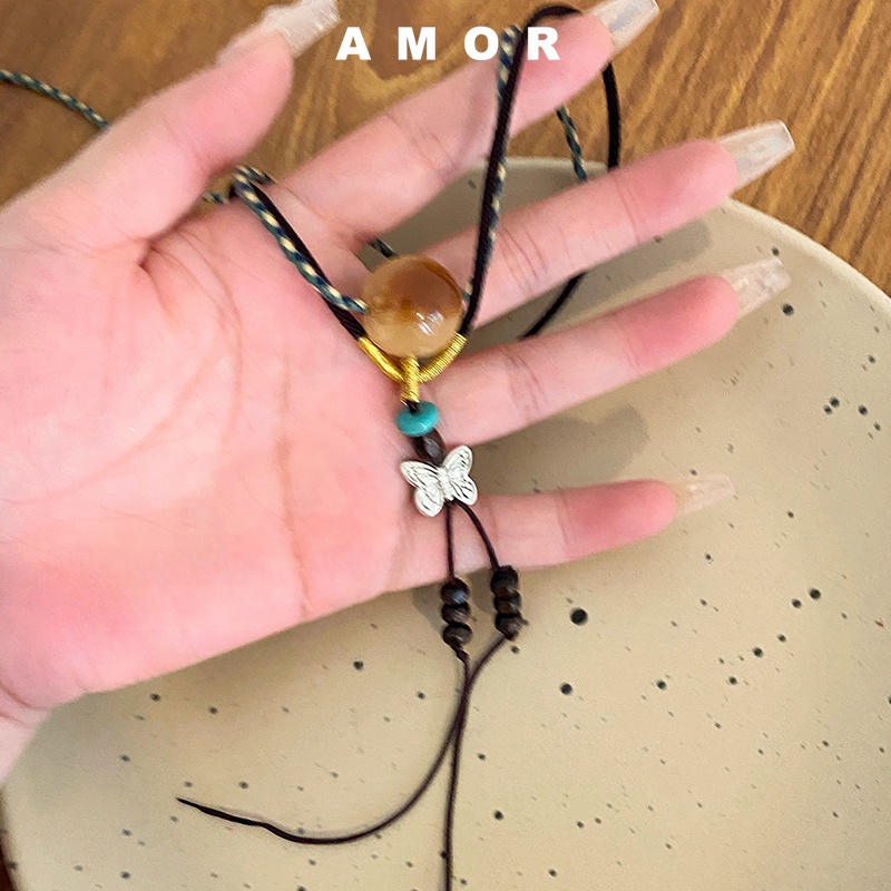 Vòng Cổ Hai Lớp Mặt Bướm Mã Não Thiết Kế Mới Thời Trang Theo Phong Cách Trung Hoa