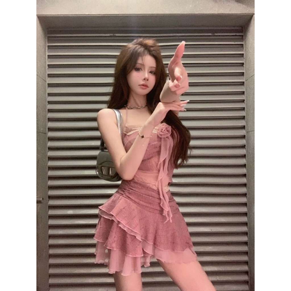 Áo Hai Dây Dệt Kim Thủ Công Màu Trơn Hình Hoa Hồng Nóng Bỏng + Chân Váy Lưng Cao Gợi Cảm Cho Nữ wsnc