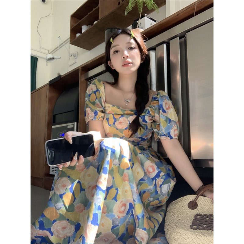 Niche Đầm Dáng Ôm Họa Tiết Tranh Sơn Dầu Phong Cách Mới Mùa Hè Cổ Điển Cho Nữ
