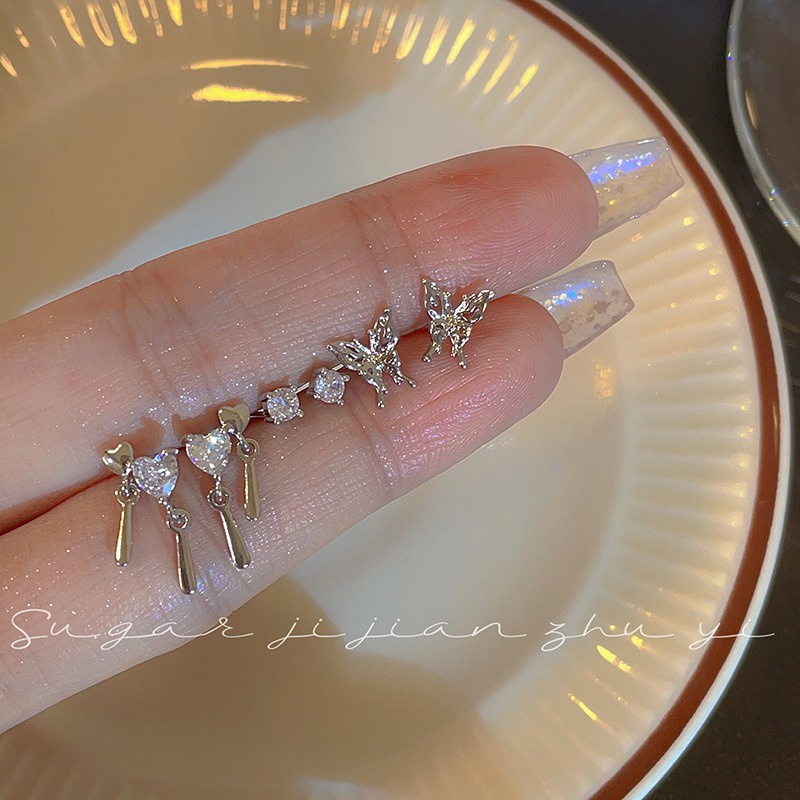 Set 6 Bông Tai Mạ Bạc 925 Hình Bướm Dễ Thương