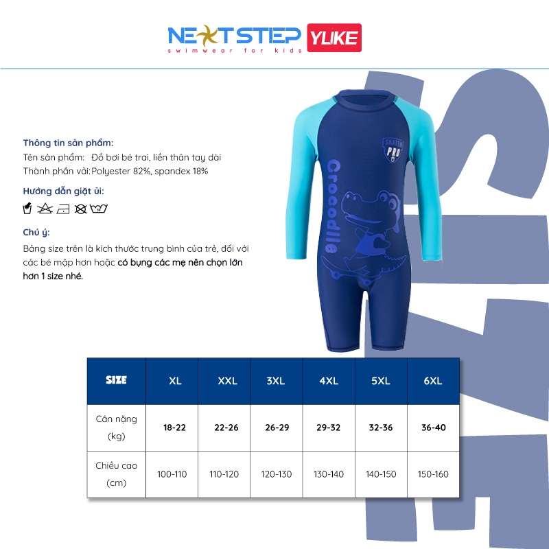 Đồ bơi bé trai, liền thân tay dài chất vải chống nắng, mềm mại và co giãn có size từ cho bé từ 18kg đến 40kg