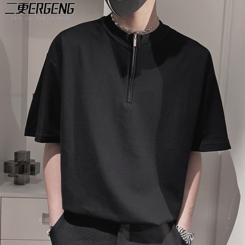 Half zipper men's t-shirt cổ tròn màu t-shirt