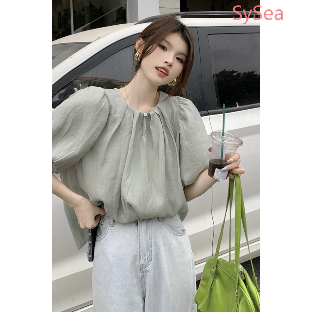 Áo sơ mi nữ tay phồng cổ tròn mùa hè