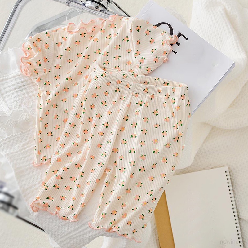 Đồ ngủ cho bé gái hàn quốc ice silk loungewear floral top + quần pyjama set