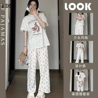 Bộ đồ ngủ FDS với quần dài và áo thun tay ngắn vải cotton thời trang mùa hè xinh xắn cho nữ