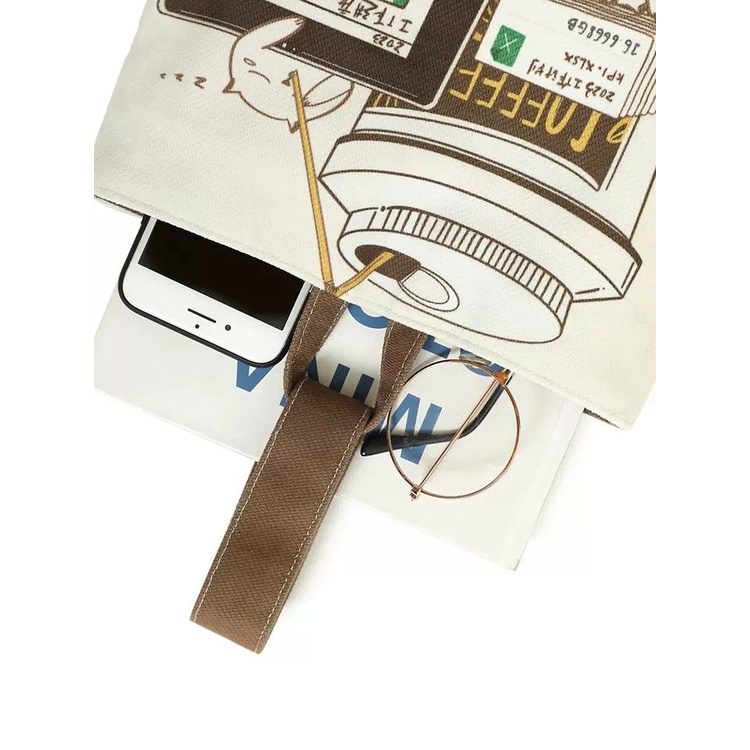 Túi xô vải mới cà phê mèo in túi xách nhỏ bento túi nhỏ