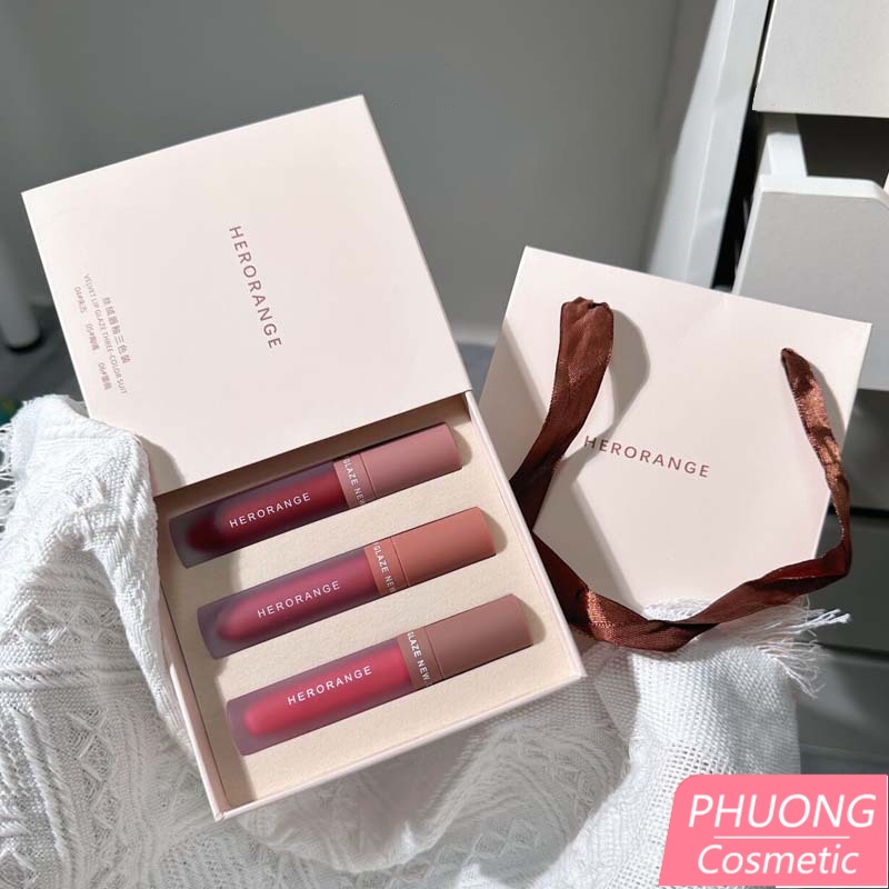 Set 3 Cây Son Kem Lì HERORANGE Velvet Lip Glaze Nhung Lì Bền Màu Hộp Quà Tặng