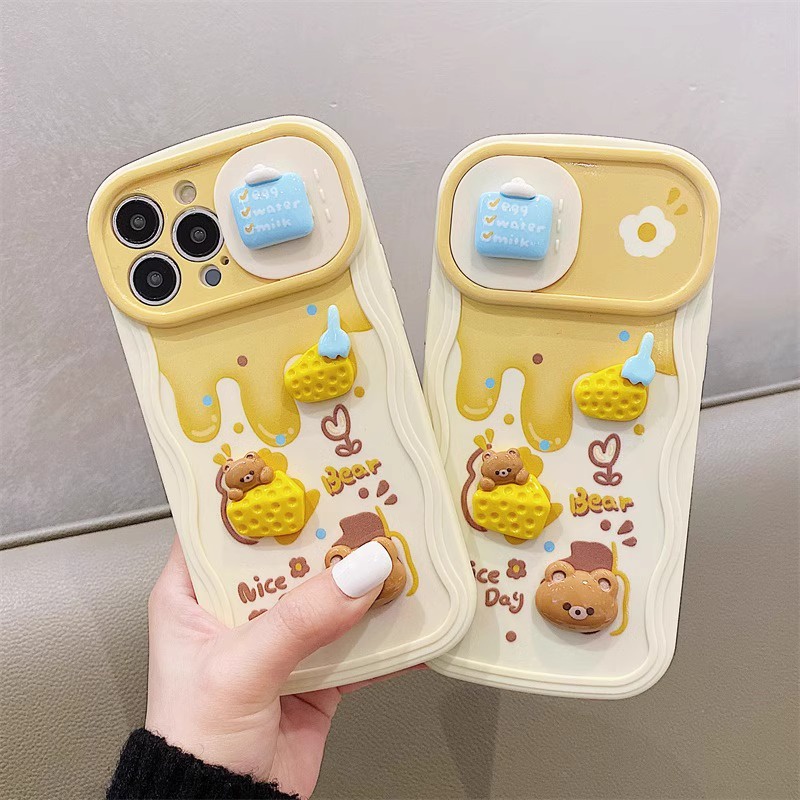 Dễ thương cheese bear sliding window lens all-inclusive phone case for iphone 7 7plus 8 8plus xs xr 11 12 13 14 pro plus promax silicone anti-drop