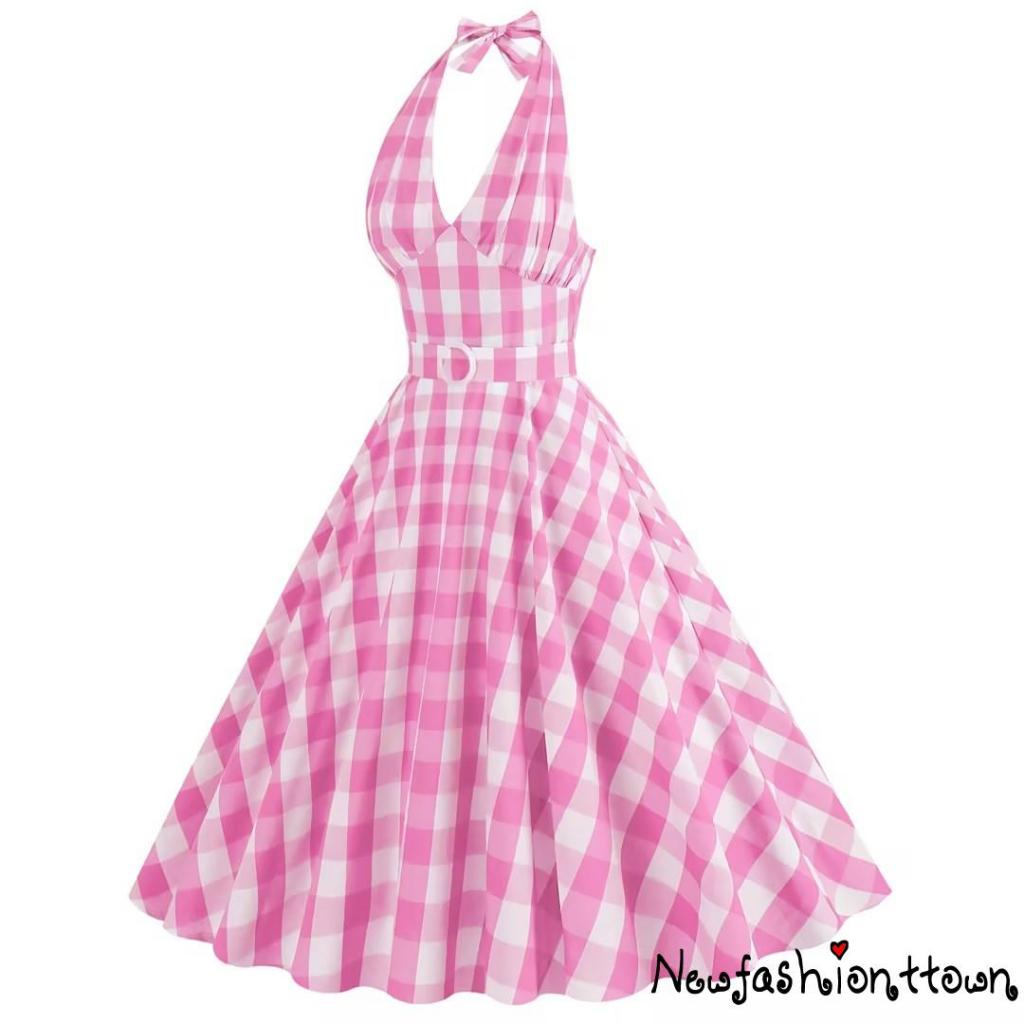 Nfashion-women ́s dễ thương barbie màu hồng kẻ sọc dây cổ váy midi ôm vừa vặn