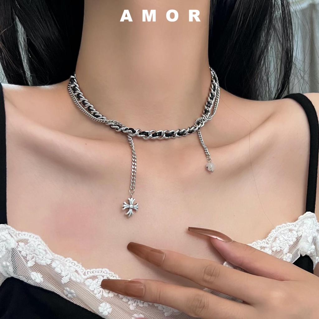 Dây chuyền kim loại da đen tua rua choker phụ kiện chéo
