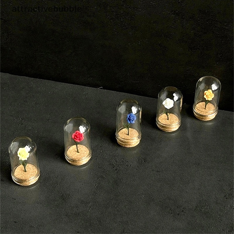 Atvn 1pc dollhouse miniature rose flower glass cover đồ trang trí little prince rose model home desktop decor toy martijn